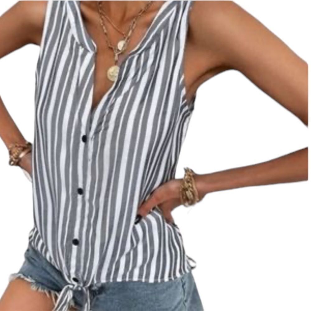 Sanctuary Sleeveless Stripes Button Down Blouse M Split back
